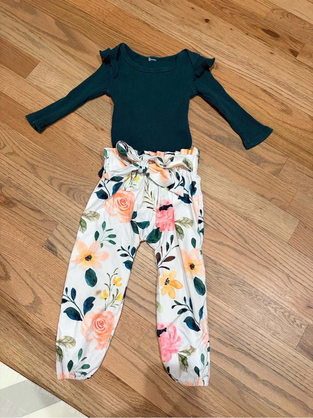 Toddler girl hunter green onesie and paperbag floral print outfit